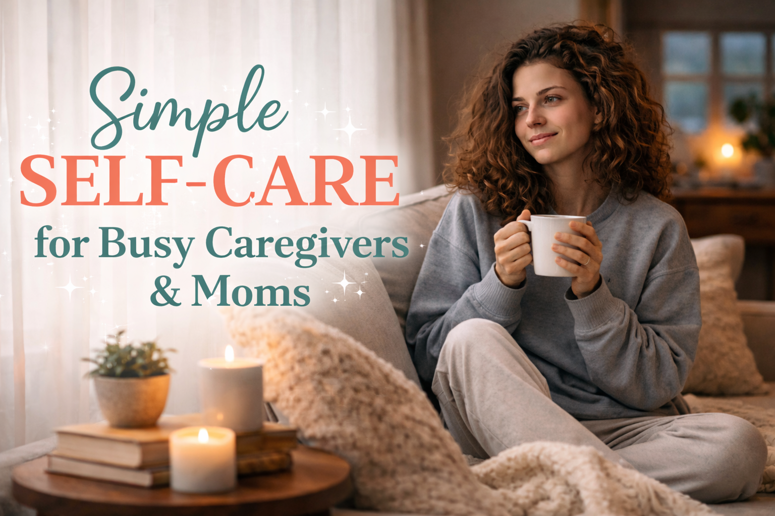 Self-care for caregivers and moms in colorful print. A new mom sitting on the couch holding a cup of coffee or tea. Cozy background with lit candles.