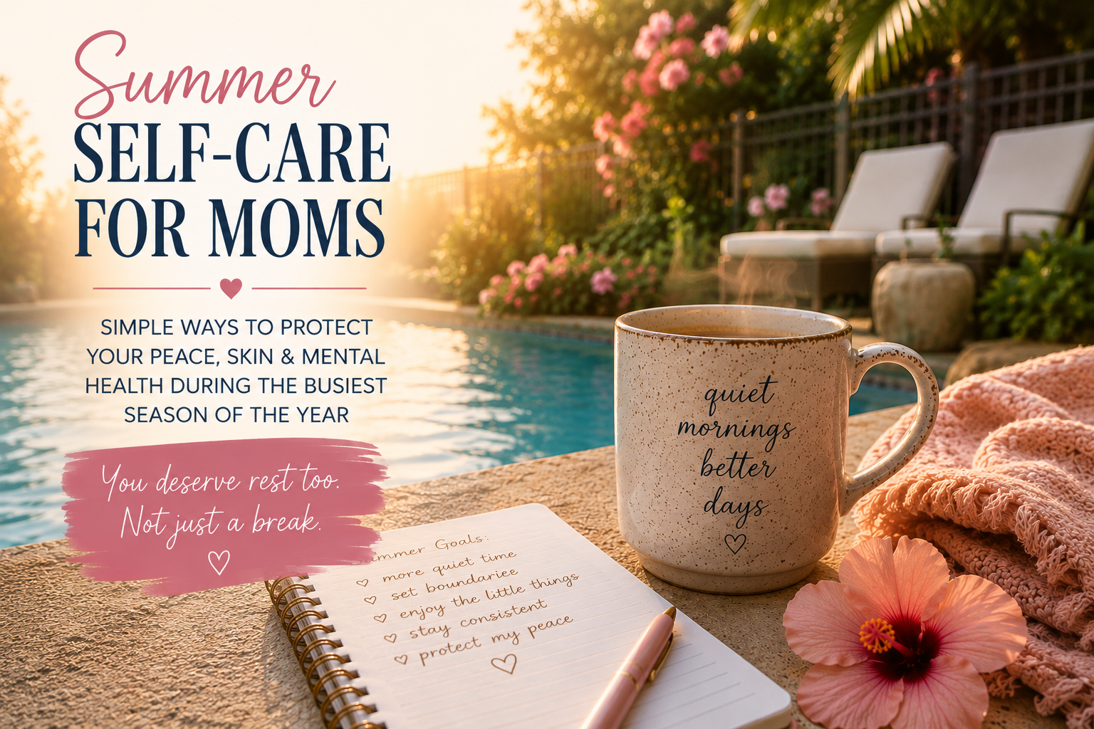 Warm summer morning by a backyard pool with a coffee mug, notebook, and soft pink flowers beside text reading “Summer Self-Care for Moms” about protecting peace, skin, and mental health during busy summer months.