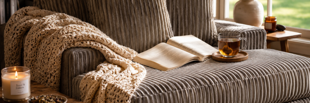 Cozy gray reading chair with a crocheted blanket, open book, and warm cup of herbal tea beside a sunlit window, creating a peaceful teatime retreat.